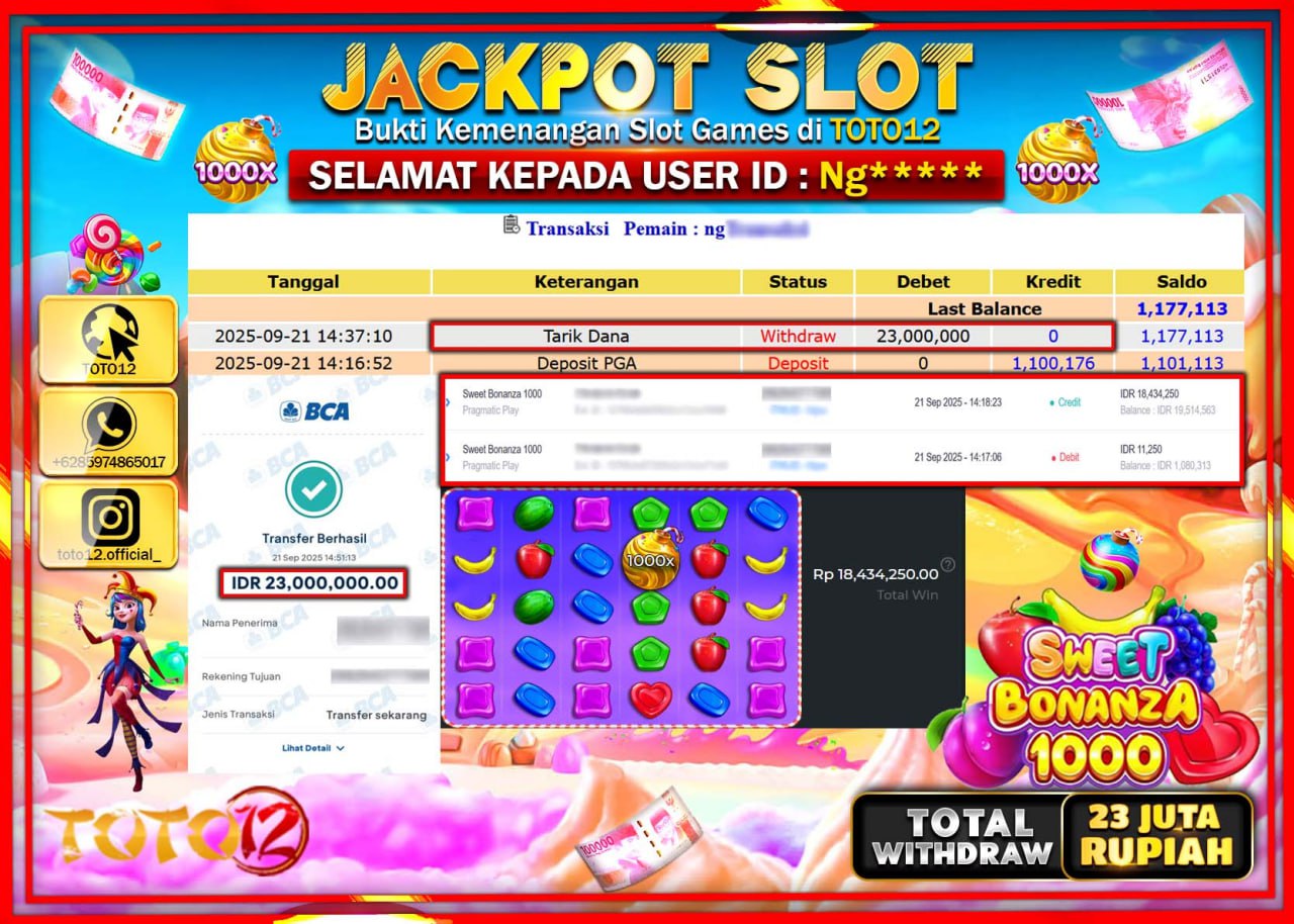 HANYA DI TOTO12 JP PASTI DI BAYAR LUNAS DAN CEPAT!!!!!! JACKPOT SLOT GAME (SWEET BONANZA 1000) Rp.23.000.000 !!!!