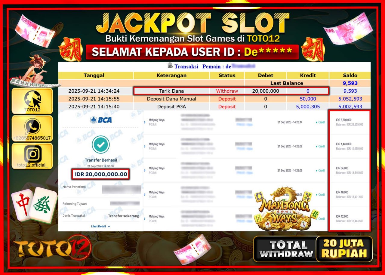 HANYA DI TOTO12 JP PASTI DI BAYAR LUNAS DAN CEPAT!!!!!! JACKPOT SLOT GAME (MAHJONG WAYS) Rp.20.000.000 !!!!