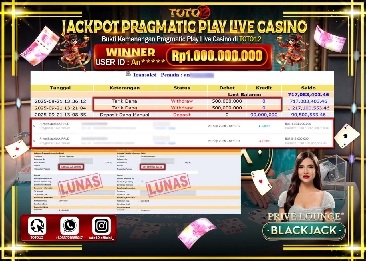 HANYA DI TOTO12 JP PASTI DI BAYAR LUNAS DAN CEPAT!!!!!! JACKPOT PRAGMATIC PLAY LIVE CASINO (PRIVE BLACKJACK) Rp.1.000.000.000 !!!!