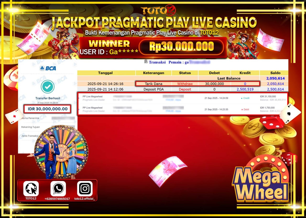 HANYA DI TOTO12 JP PASTI DI BAYAR LUNAS DAN CEPAT!!!!!! JACKPOT PRAGMATIC PLAY LIVE CASINO (MEGA WHEEL) Rp.30.000.000 !!!!