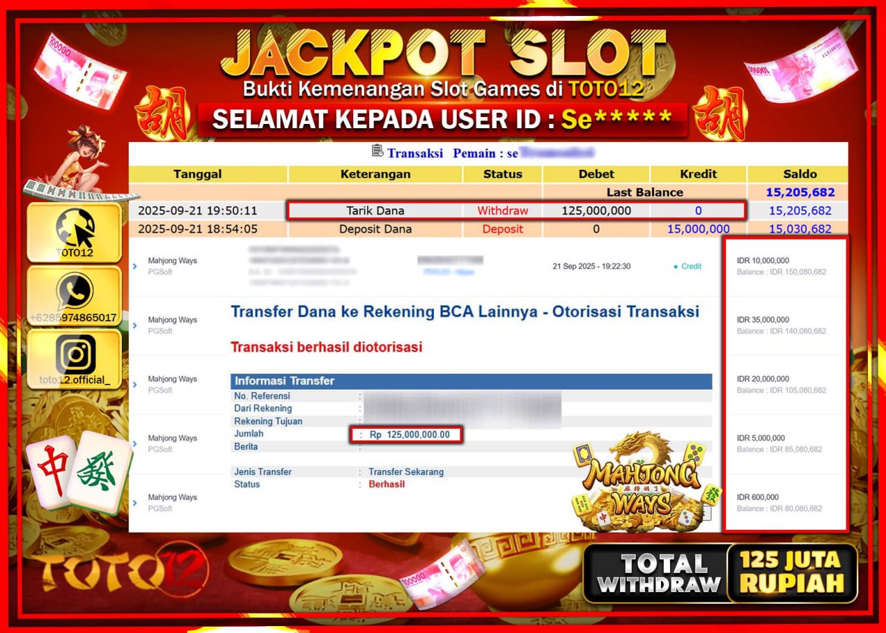 HANYA DI TOTO12 JP PASTI DI BAYAR LUNAS DAN CEPAT!!!!!! JACKPOT SLOT GAME (MAHJONG WAYS) Rp.125.000.000 !!!!
