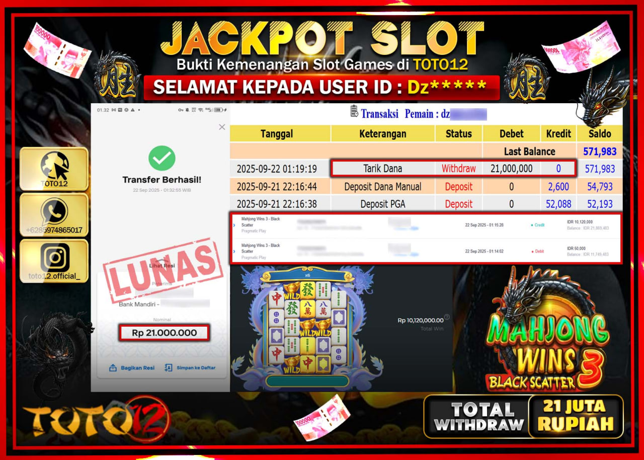 HANYA DI TOTO12 JP PASTI DI BAYAR LUNAS DAN CEPAT!!!!!! JACKPOT SLOT GAME (MAHJONG WINS 3 BLACK SCATTER) Rp.21.000.000 !!!!