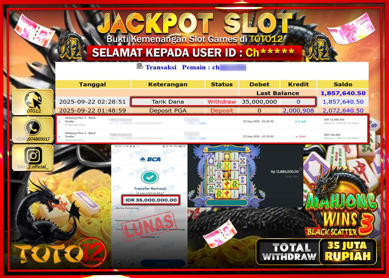 HANYA DI TOTO12 JP PASTI DI BAYAR LUNAS DAN CEPAT!!!!!! JACKPOT SLOT GAME (MAHJONG WINS 3 BLACK SCATTER) Rp.35.000.000 !!!!