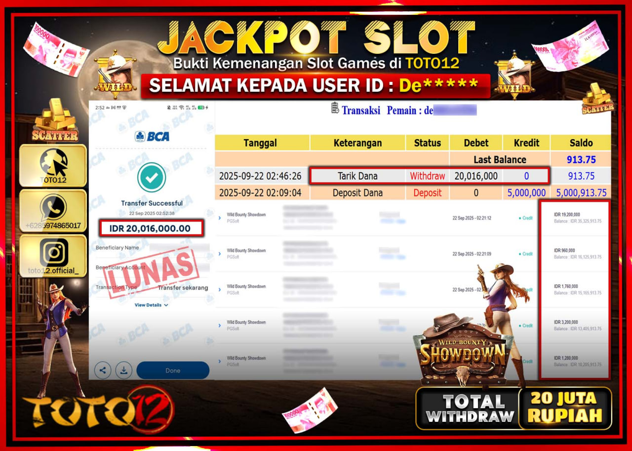 HANYA DI TOTO12 JP PASTI DI BAYAR LUNAS DAN CEPAT!!!!!! JACKPOT SLOT GAME (WILD BOUNTY SHOWDOWN) Rp.20.016.000 !!!!