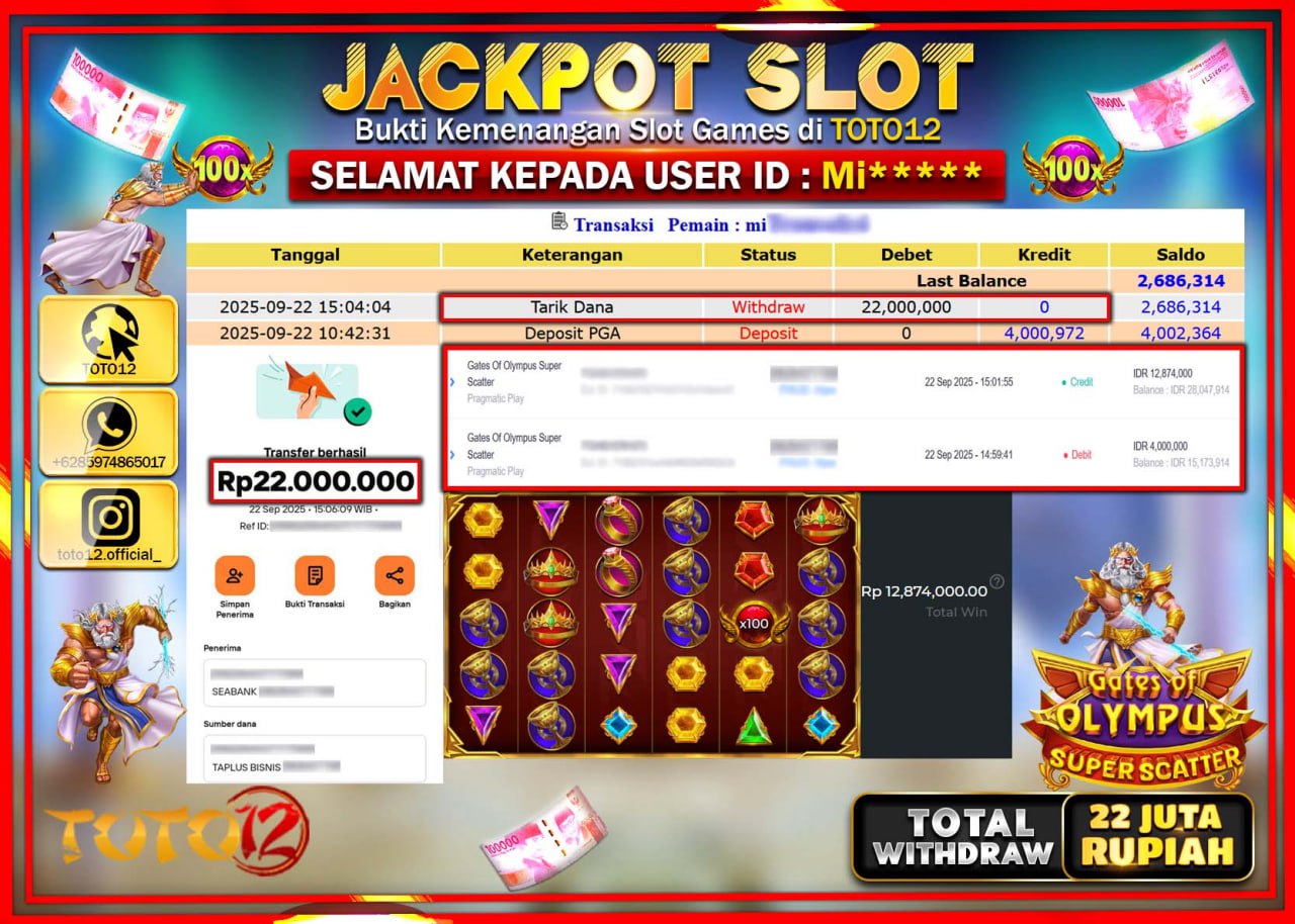 HANYA DI TOTO12 JP PASTI DI BAYAR LUNAS DAN CEPAT!!!!!! JACKPOT SLOT GAME (GATES OF OLYMPUS SUPER SCATTER) Rp.22.000.000 !!!!