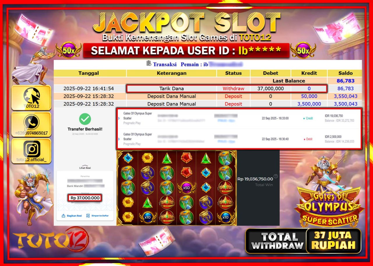 HANYA DI TOTO12 JP PASTI DI BAYAR LUNAS DAN CEPAT!!!!!! JACKPOT SLOT GAME (GATES OF OLYMPUS SUPER SCATTER) Rp.37.000.000 !!!!