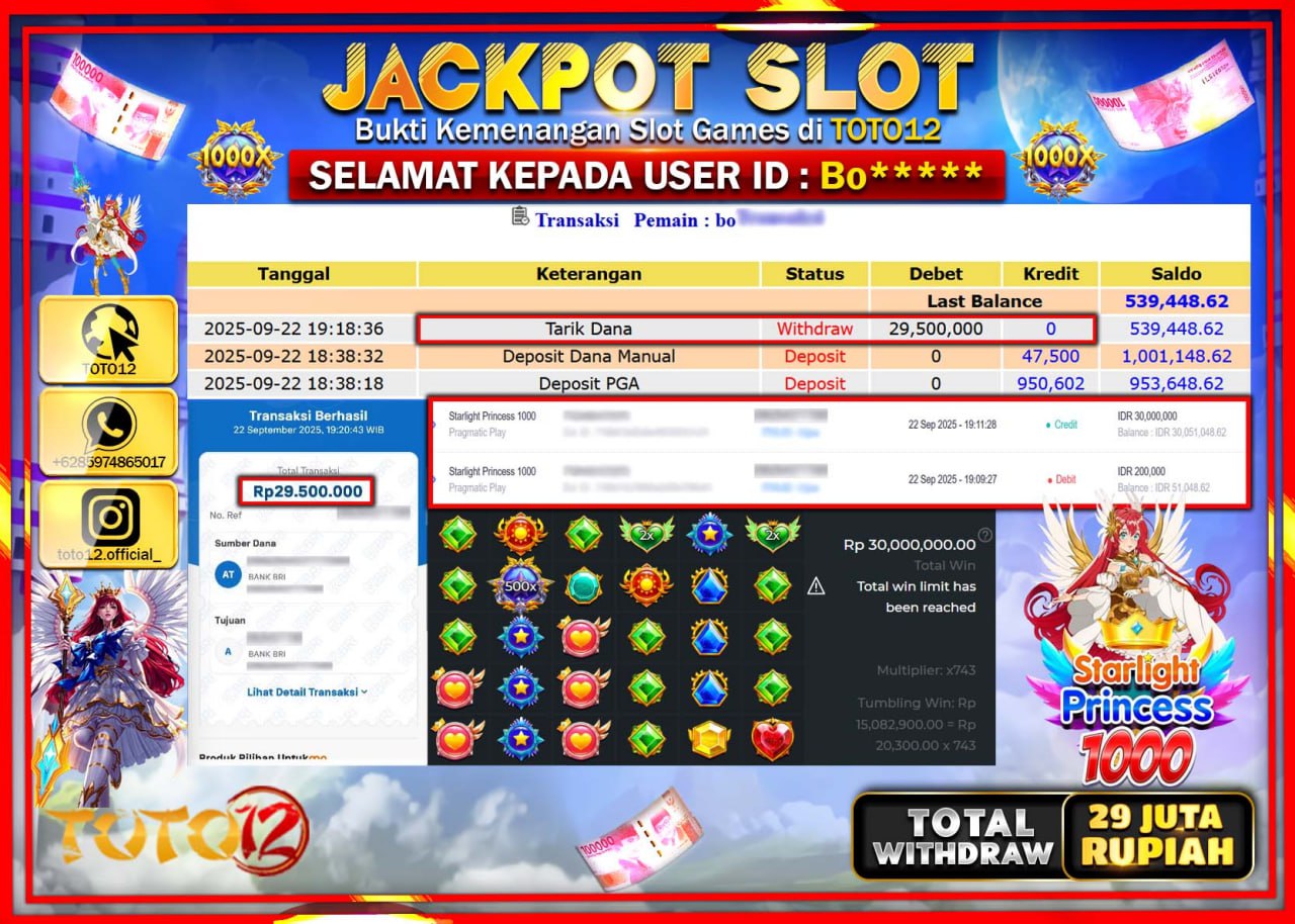 HANYA DI TOTO12 JP PASTI DI BAYAR LUNAS DAN CEPAT!!!!!! JACKPOT SLOT GAME (STARLIGHT PRINCESS 1000) Rp.29.500.000 !!!!
