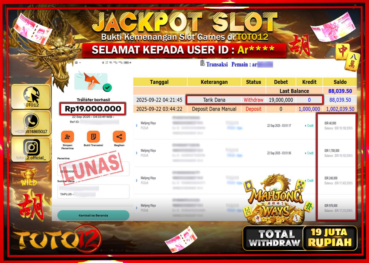 HANYA DI TOTO12 JP PASTI DI BAYAR LUNAS DAN CEPAT!!!!!! JACKPOT SLOT GAME (MAHJONG WAYS) Rp.19.000.000 !!!!