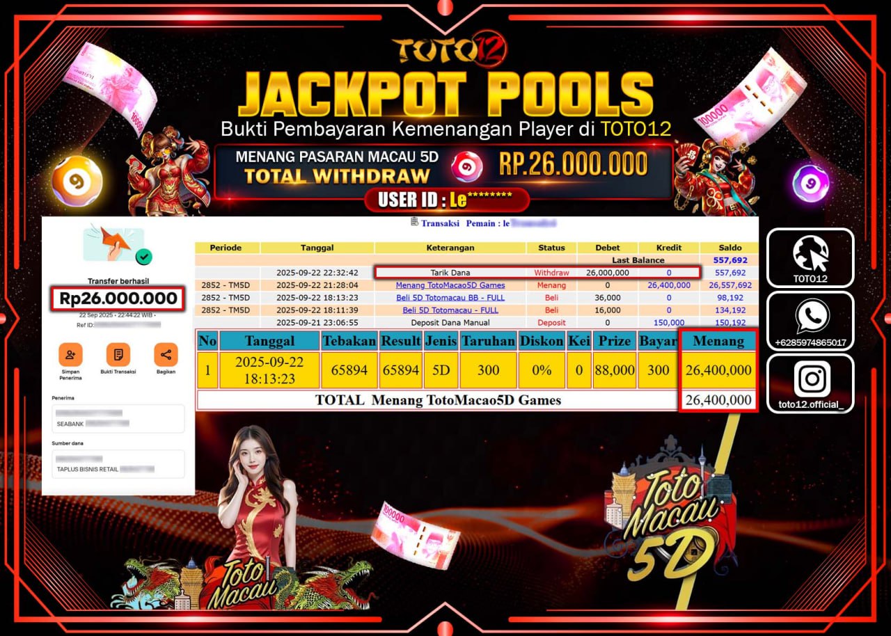 HANYA DI TOTO12 JP PASTI DI BAYAR LUNAS DAN CEPAT!!!!!! JACKPOT POOLS PASARAN (MACAU 5D) Rp.26.000.000 !!!!