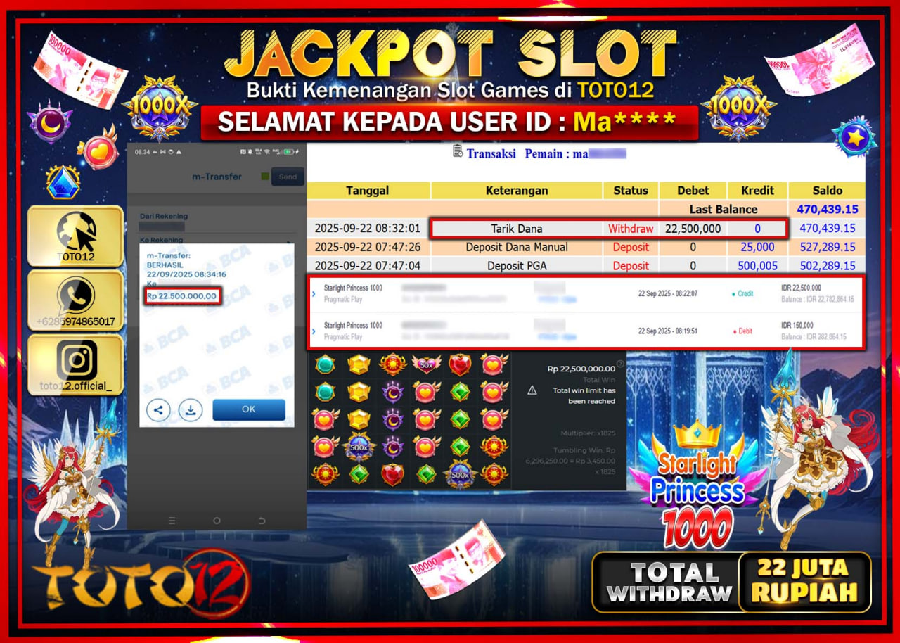 HANYA DI TOTO12 JP PASTI DI BAYAR LUNAS DAN CEPAT!!!!!! JACKPOT SLOT GAME (STARLIGHT PRINCESS 1000) Rp.22.500.000 !!!!