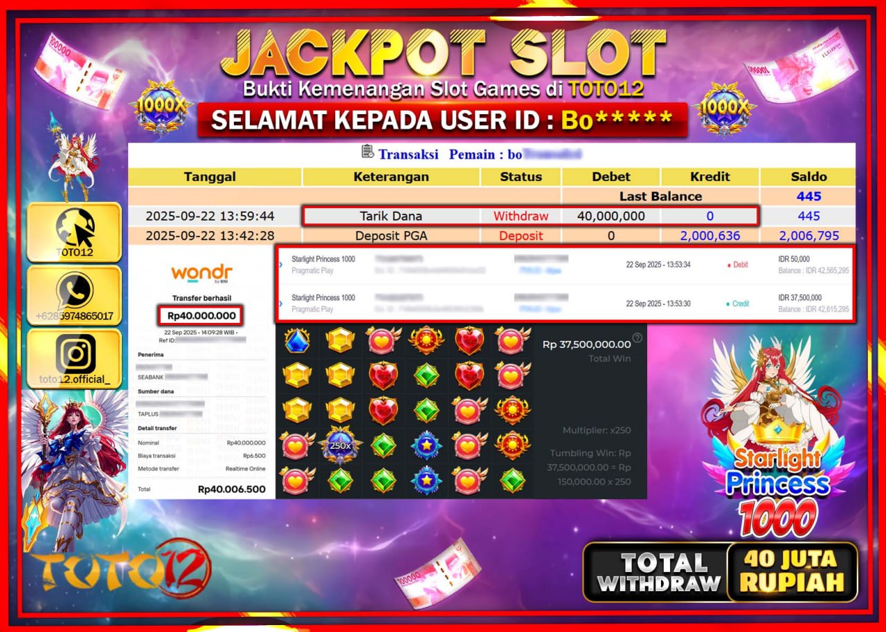 HANYA DI TOTO12 JP PASTI DI BAYAR LUNAS DAN CEPAT!!!!!! JACKPOT SLOT GAME (STARLIGHT PRINCESS 1000) Rp.40.000.000 !!!!
