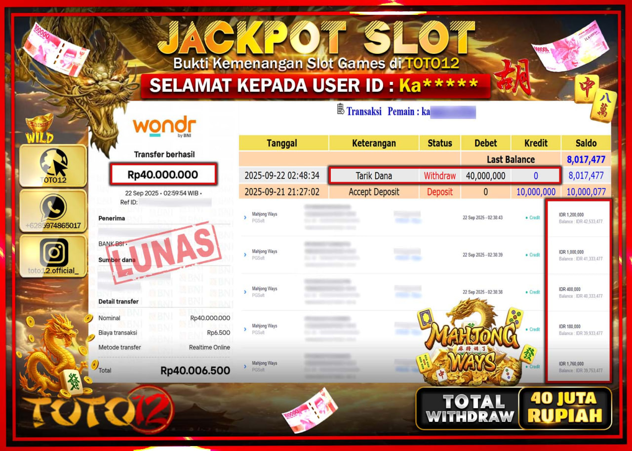 HANYA DI TOTO12 JP PASTI DI BAYAR LUNAS DAN CEPAT!!!!!! JACKPOT SLOT GAME (MAHJONG WAYS) Rp.40.000.000 !!!!