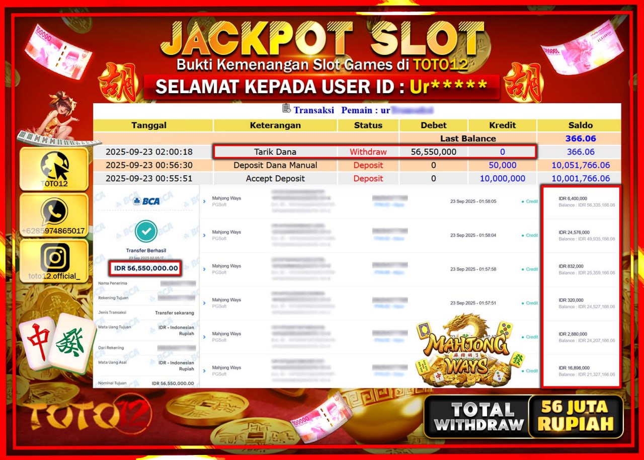 HANYA DI TOTO12 JP PASTI DI BAYAR LUNAS DAN CEPAT!!!!!! JACKPOT SLOT GAME (MAHJONG WAYS) Rp.56.550.000 !!!!
