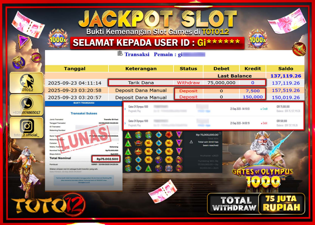 HANYA DI TOTO12 JP PASTI DI BAYAR LUNAS DAN CEPAT!!!!!! JACKPOT SLOT GAME (GATES OF OLYMPUS 1000) Rp.75.000.000 !!!!