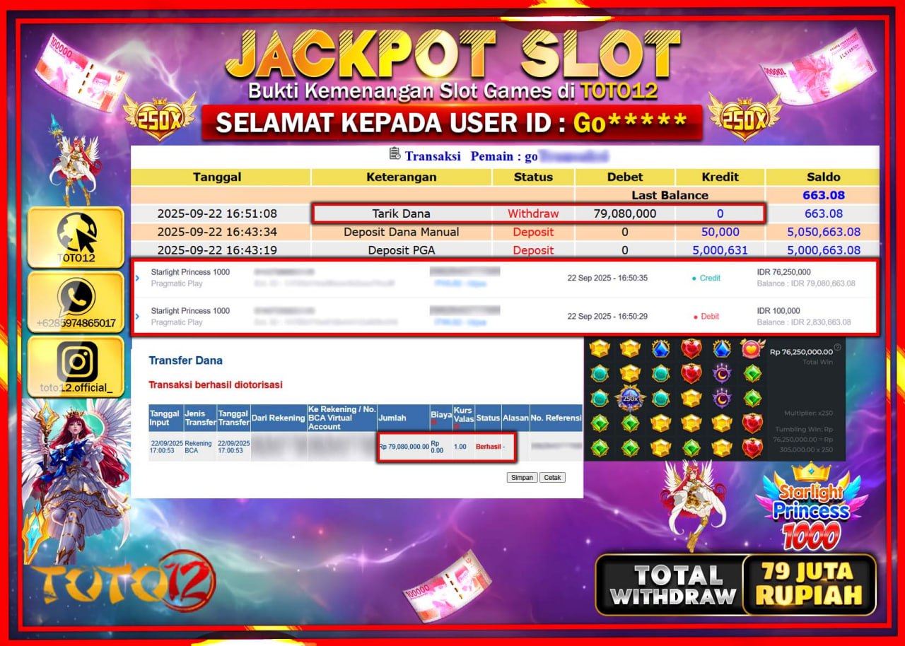 HANYA DI TOTO12 JP PASTI DI BAYAR LUNAS DAN CEPAT!!!!!! JACKPOT SLOT GAME (STARLIGHT PRINCESS 1000) Rp.79.080.000 !!!!