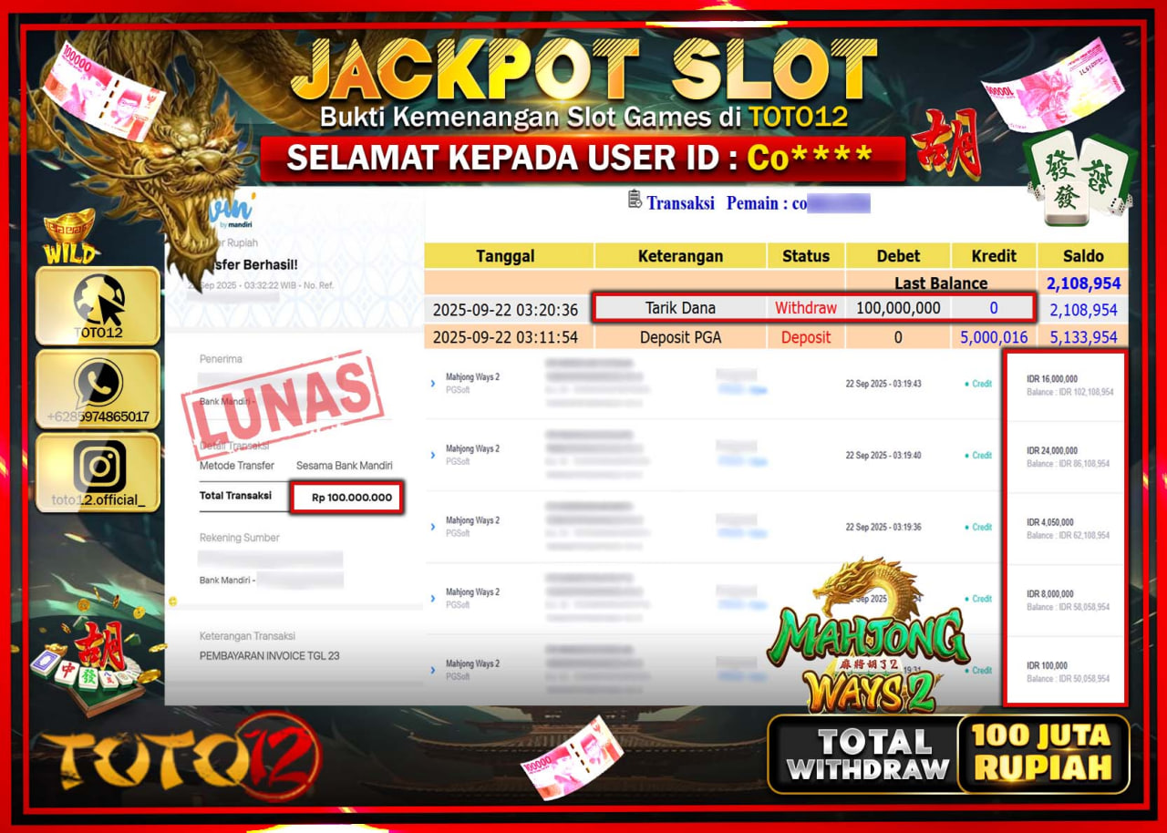HANYA DI TOTO12 JP PASTI DI BAYAR LUNAS DAN CEPAT!!!!!! JACKPOT SLOT GAME (MAHJONG WAYS 2) Rp.100.000.000 !!!!