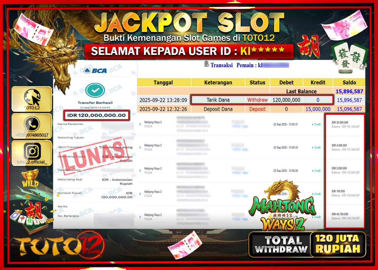 HANYA DI TOTO12 JP PASTI DI BAYAR LUNAS DAN CEPAT!!!!!! JACKPOT SLOT GAME (MAHJONG WAYS 2) Rp.120.000.000 !!!!