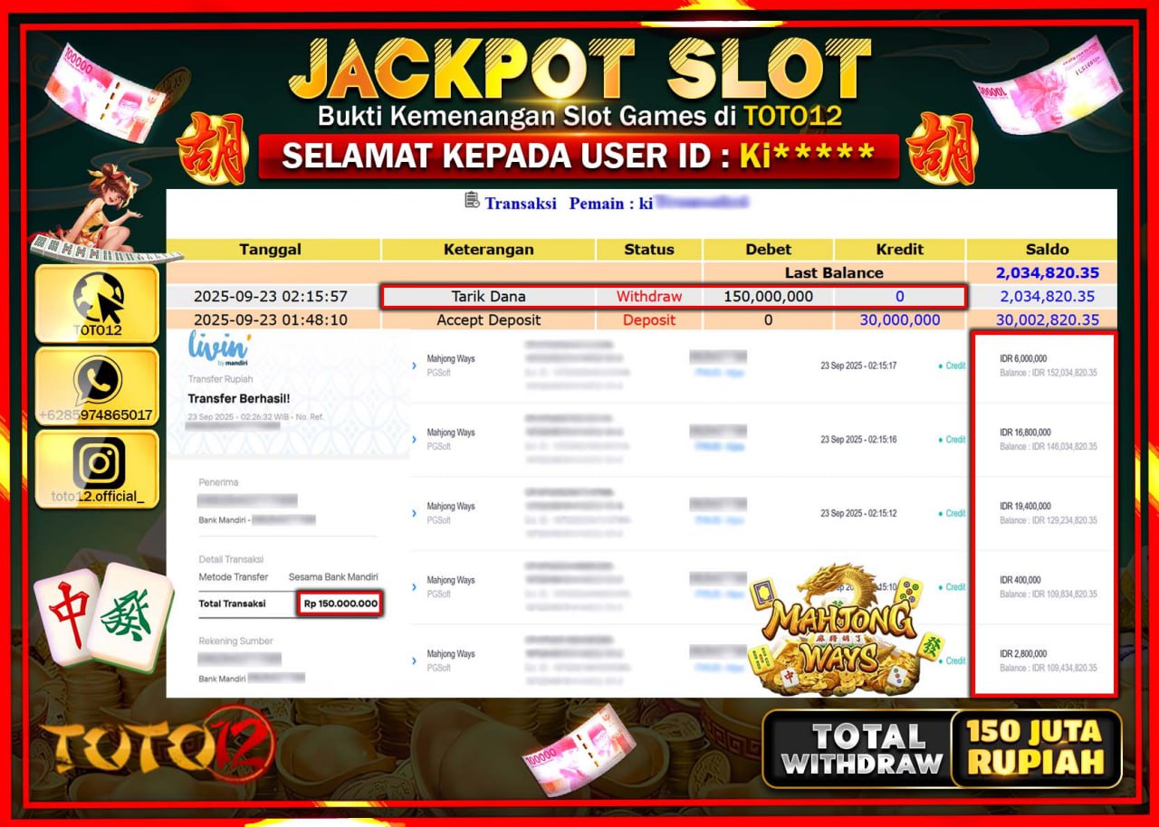 HANYA DI TOTO12 JP PASTI DI BAYAR LUNAS DAN CEPAT!!!!!! JACKPOT SLOT GAME (MAHJONG WAYS) Rp.150.000.000 !!!!