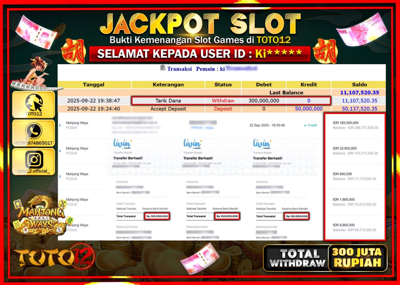 HANYA DI TOTO12 JP PASTI DI BAYAR LUNAS DAN CEPAT!!!!!! JACKPOT SLOT GAME (MAHJONG WAYS) Rp.300.000.000 !!!!