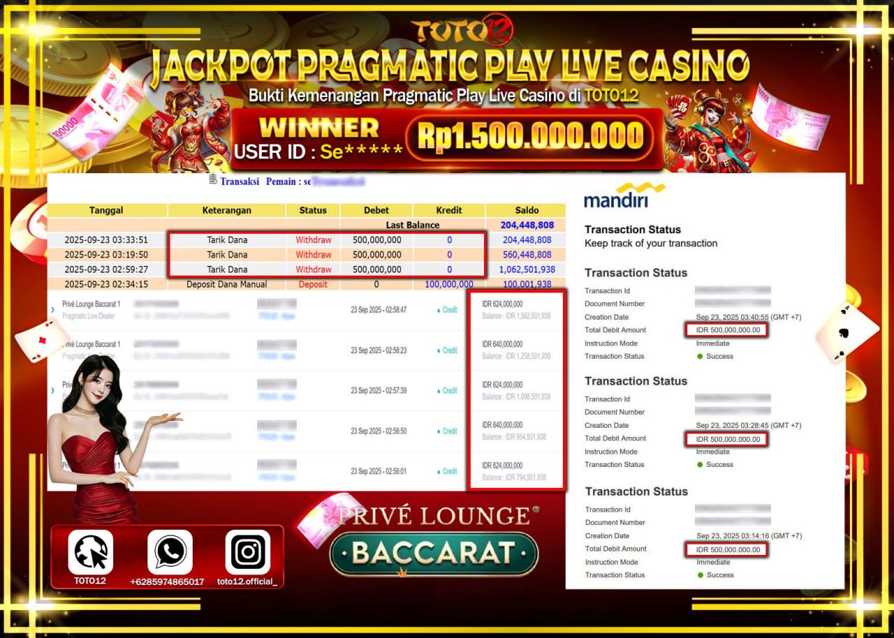 HANYA DI TOTO12 JP PASTI DI BAYAR LUNAS DAN CEPAT!!!!!! JACKPOT PRAGMATIC PLAY LIVE CASINO (PRIVE LOUNGE BACCARAT 1) Rp.1.500.000.000 !!!!