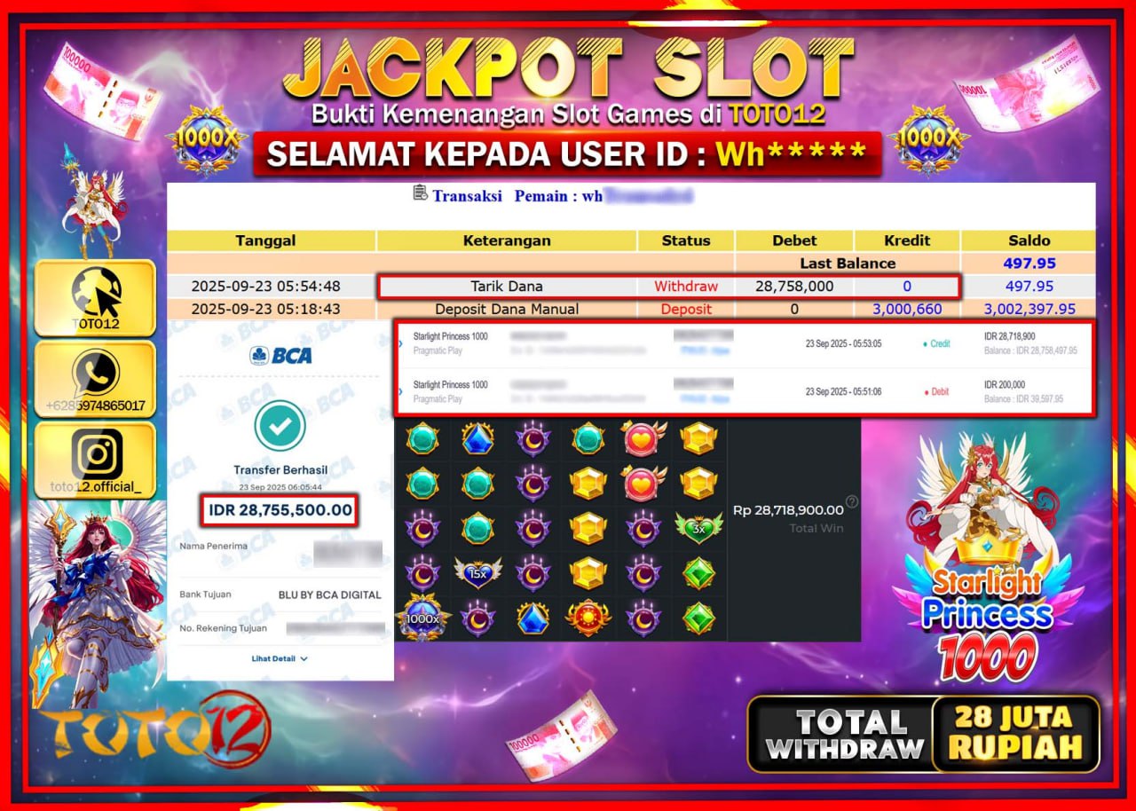 HANYA DI TOTO12 JP PASTI DI BAYAR LUNAS DAN CEPAT!!!!!! JACKPOT SLOT GAME (STARLIGHT PRINCESS 1000) Rp.28.758.000 !!!!