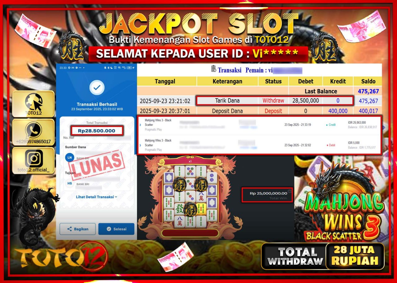 HANYA DI TOTO12 JP PASTI DI BAYAR LUNAS DAN CEPAT!!!!!! JACKPOT SLOT GAME (MAHJONG WINS 3 BLACK SCATTER) Rp.28.500.000 !!!!