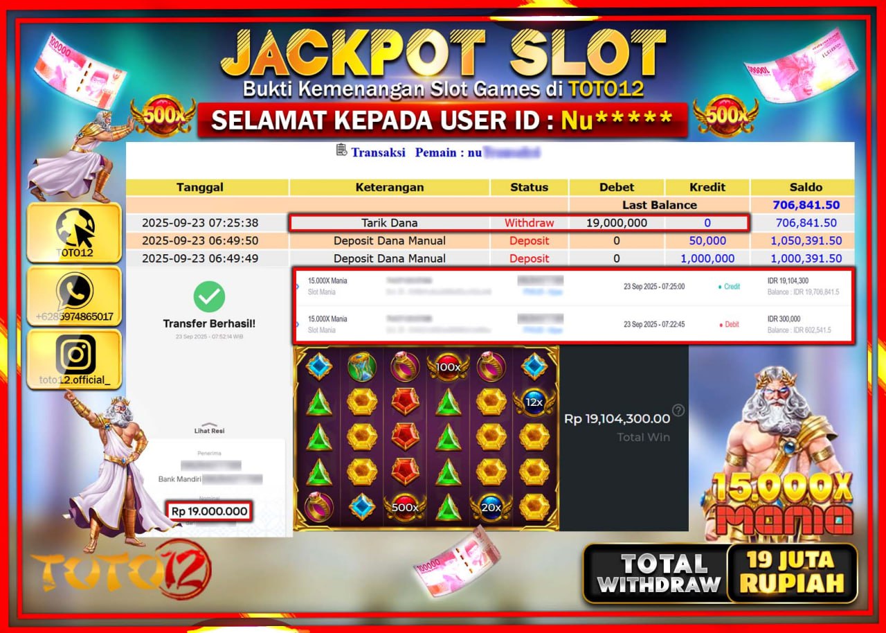 HANYA DI TOTO12 JP PASTI DI BAYAR LUNAS DAN CEPAT!!!!!! JACKPOT SLOT GAME (15.000X MANIA) Rp.19.000.000 !!!!