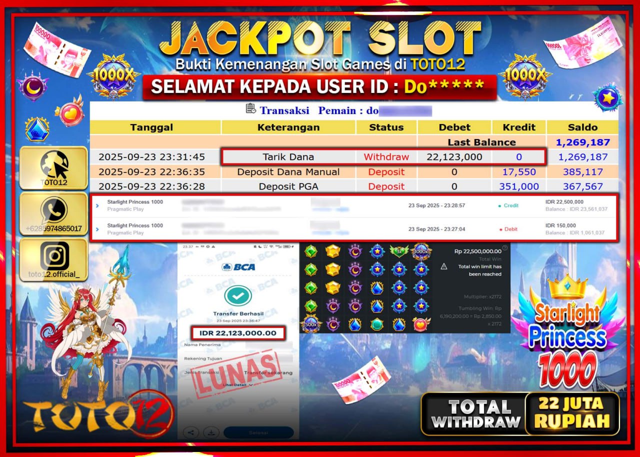 HANYA DI TOTO12 JP PASTI DI BAYAR LUNAS DAN CEPAT!!!!!! JACKPOT SLOT GAME (STARLIGHT PRINCESS 1000) Rp.22.123.000 !!!!