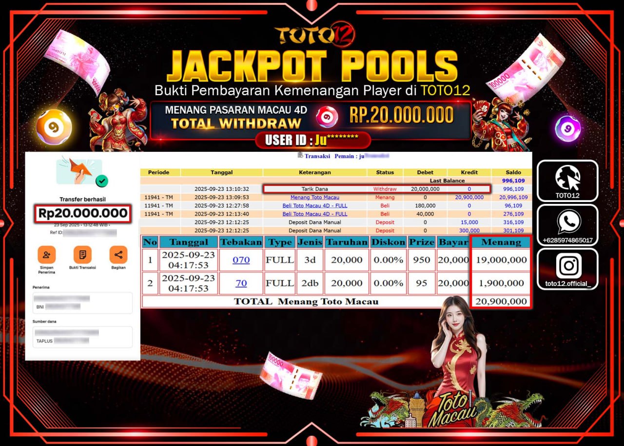 HANYA DI TOTO12 JP PASTI DI BAYAR LUNAS DAN CEPAT!!!!!! JACKPOT POOLS PASARAN (MACAU 4D) Rp.20.000.000 !!!!