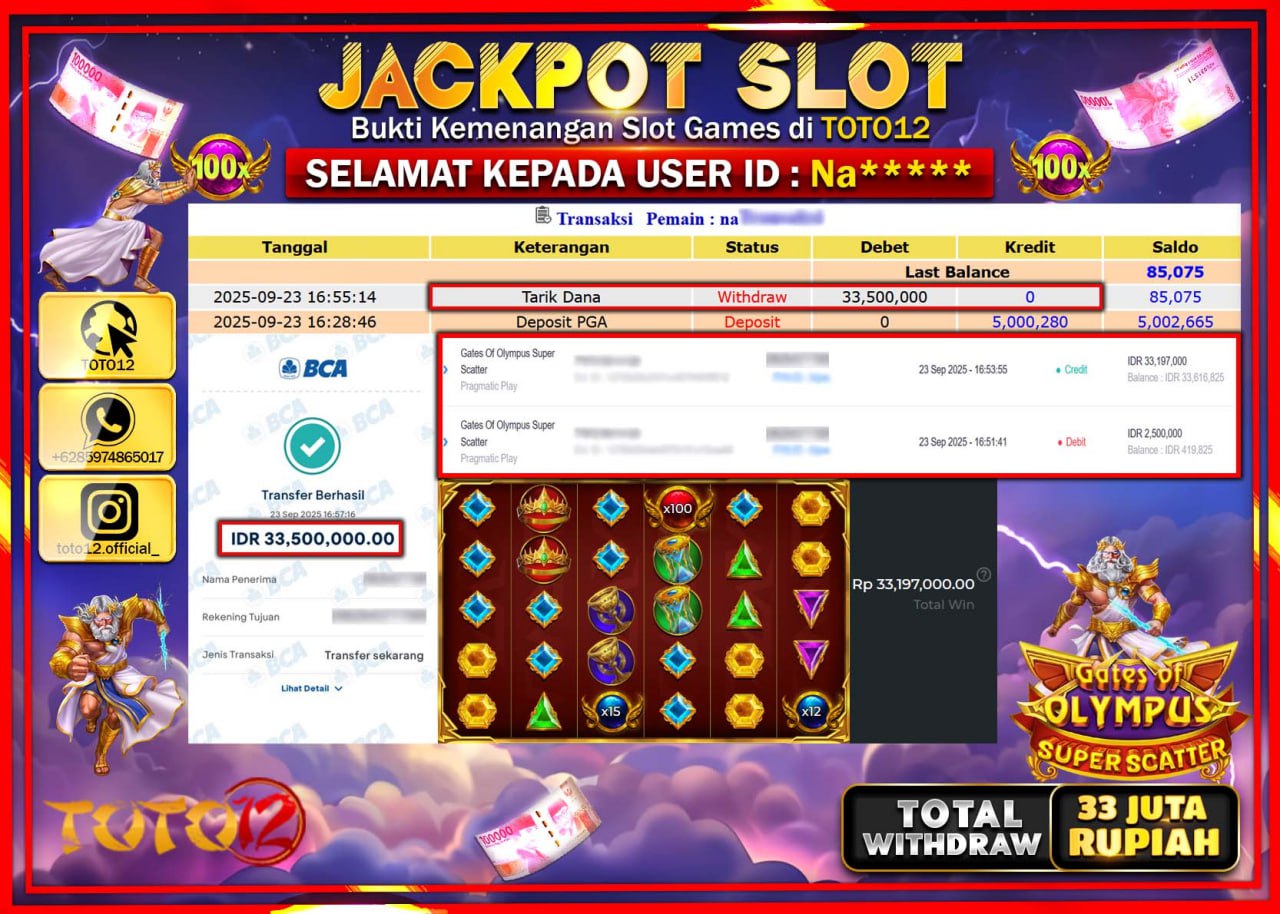 HANYA DI TOTO12 JP PASTI DI BAYAR LUNAS DAN CEPAT!!!!!! JACKPOT SLOT GAME (GATES OF OLYMPUS SUPER SCATTER) Rp.33.500.000 !!!!