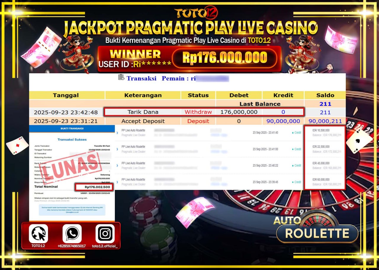 HANYA DI TOTO12 JP PASTI DI BAYAR LUNAS DAN CEPAT!!!!!! JACKPOT PRAGMATIC PLAY LIVE CASINO (LIVE AUTO ROULETTE) Rp.176.000.000 !!!!