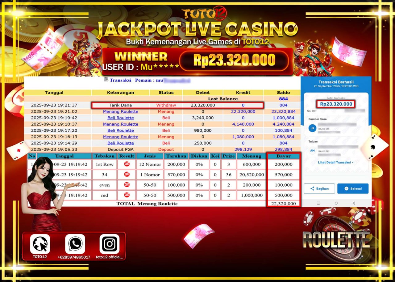 HANYA DI TOTO12 JP PASTI DI BAYAR LUNAS DAN CEPAT!!!!!! JACKPOT LIVE CASINO (ROULETTE) Rp.23.320.000 !!!!