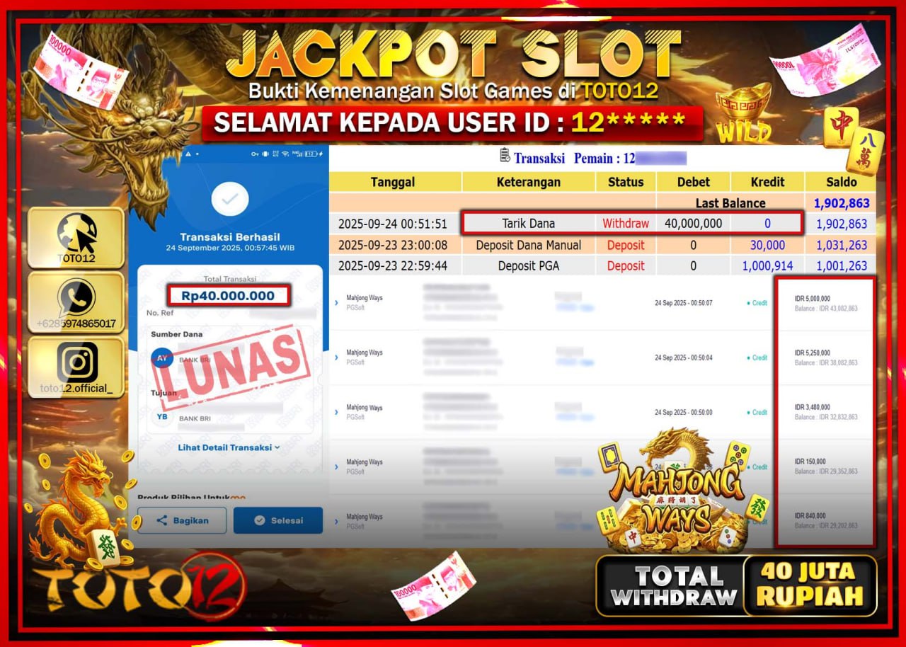 HANYA DI TOTO12 JP PASTI DI BAYAR LUNAS DAN CEPAT!!!!!! JACKPOT SLOT GAME (MAHJONG WAYS) Rp.40.000.000 !!!!