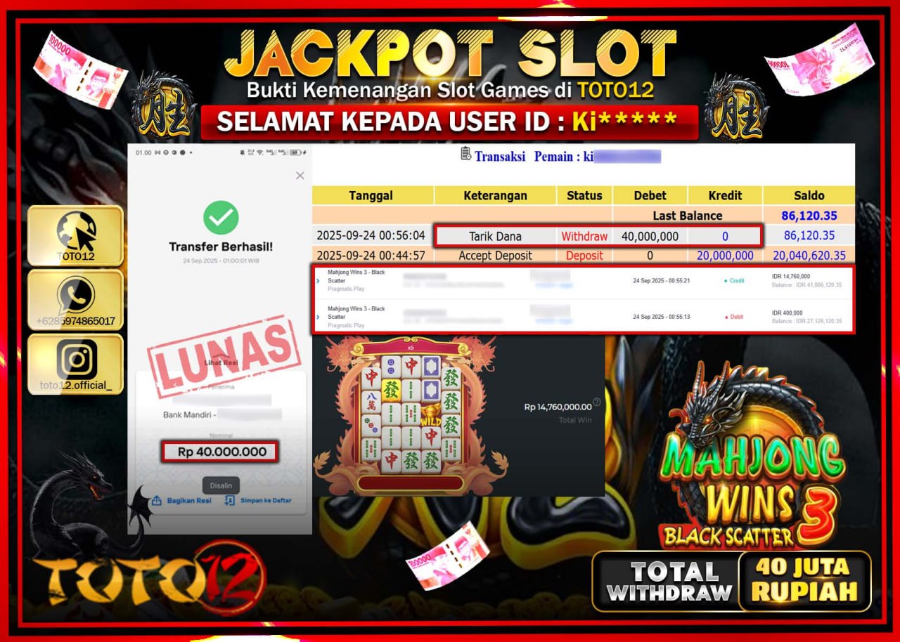 HANYA DI TOTO12 JP PASTI DI BAYAR LUNAS DAN CEPAT!!!!!! JACKPOT SLOT GAME (MAHJONG WINS 3 BLACK SCATTER) Rp.40.000.000 !!!!