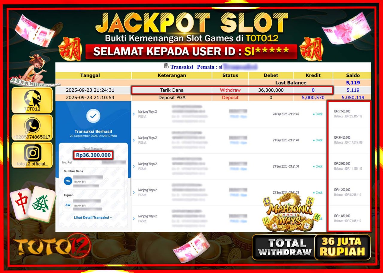 HANYA DI TOTO12 JP PASTI DI BAYAR LUNAS DAN CEPAT!!!!!! JACKPOT SLOT GAME (MAHJONG WAYS) Rp.36.300.000 !!!!