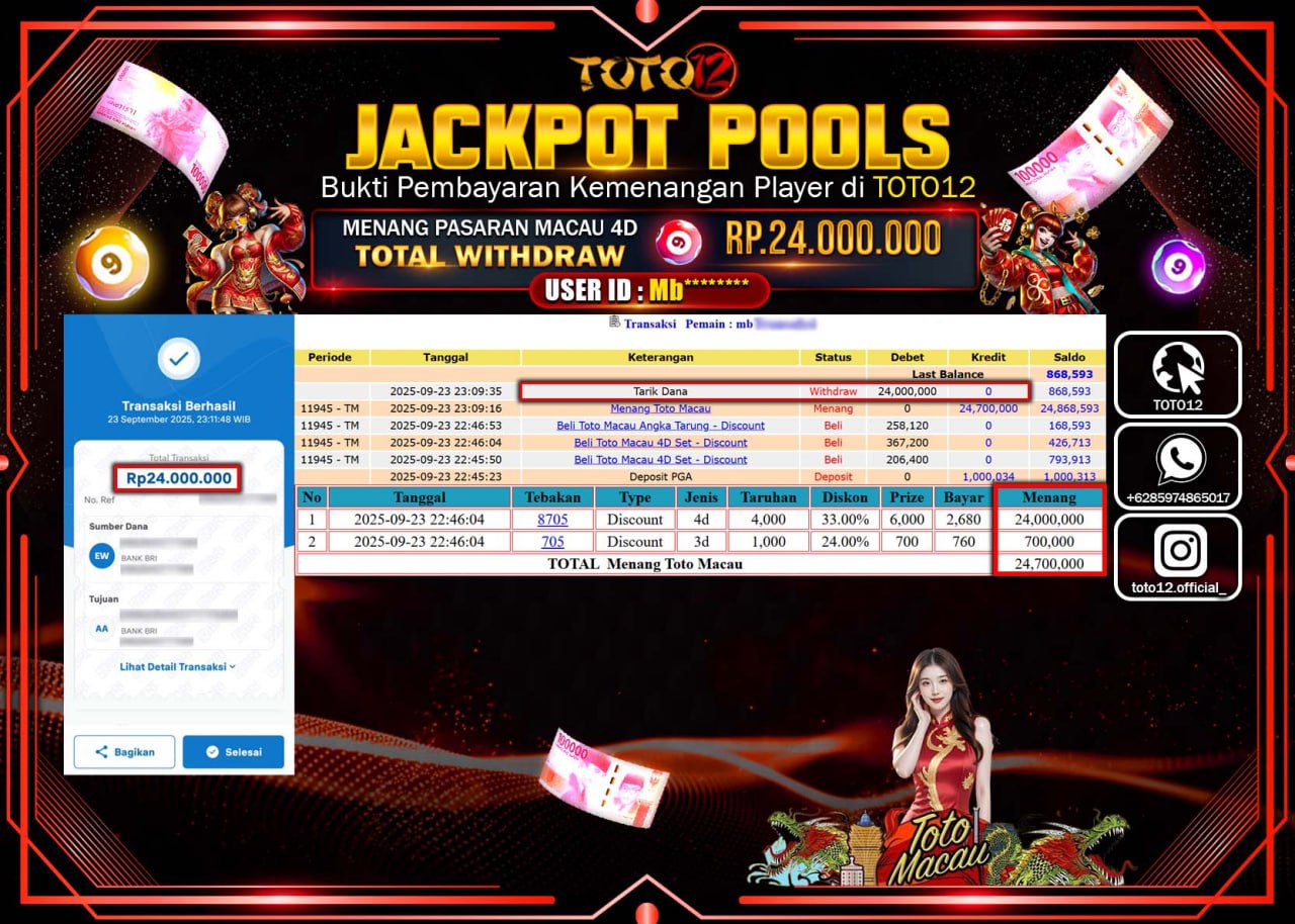 HANYA DI TOTO12 JP PASTI DI BAYAR LUNAS DAN CEPAT!!!!!! JACKPOT POOLS PASARAN (MACAU 4D) Rp.24.000.000 !!!!