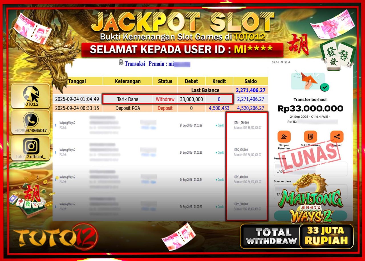 HANYA DI TOTO12 JP PASTI DI BAYAR LUNAS DAN CEPAT!!!!!! JACKPOT SLOT GAME (MAHJONG WAYS 2) Rp.33.000.000 !!!!