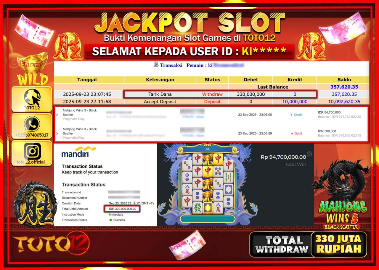 HANYA DI TOTO12 JP PASTI DI BAYAR LUNAS DAN CEPAT!!!!!! JACKPOT SLOT GAME (MAHJONG WINS 3 BLACK SCATTER) Rp.330.000.000 !!!!