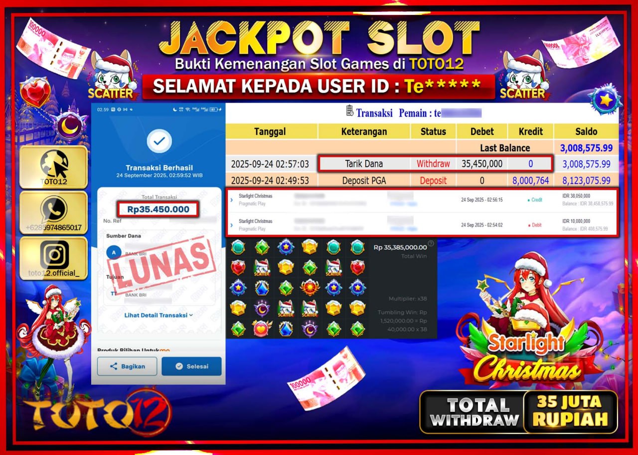HANYA DI TOTO12 JP PASTI DI BAYAR LUNAS DAN CEPAT!!!!!! JACKPOT SLOT GAME (STARLIGHT CHRISTMAS) Rp.35.450.000 !!!!
