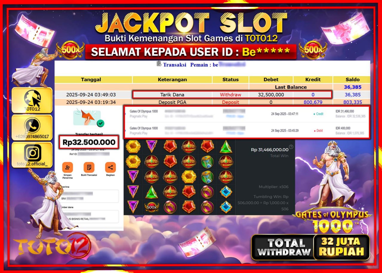 HANYA DI TOTO12 JP PASTI DI BAYAR LUNAS DAN CEPAT!!!!!! JACKPOT SLOT GAME (GATES OF OLYMPUS 1000) Rp.32.500.000 !!!!