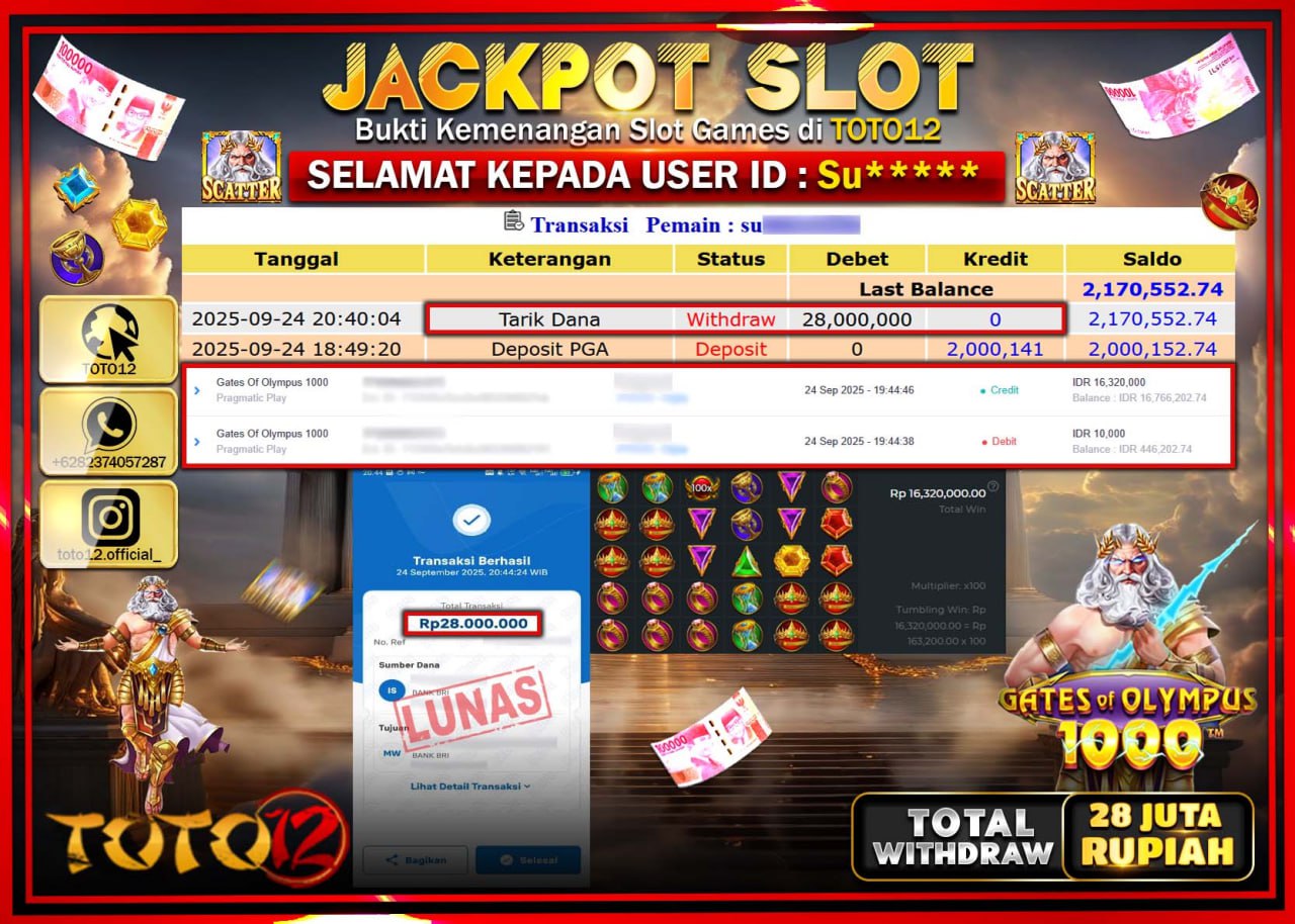 HANYA DI TOTO12 JP PASTI DI BAYAR LUNAS DAN CEPAT!!!!!! JACKPOT SLOT GAME (GATES OF OLYMPUS 1000) Rp.28.000.000 !!!!