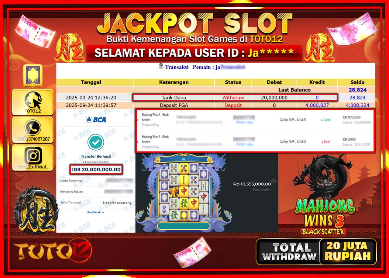 HANYA DI TOTO12 JP PASTI DI BAYAR LUNAS DAN CEPAT!!!!!! JACKPOT SLOT GAME (MAHJONG WINS 3 BLACK SCATTER) Rp.20.000.000 !!!!