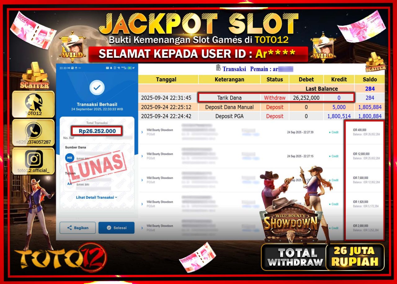 HANYA DI TOTO12 JP PASTI DI BAYAR LUNAS DAN CEPAT!!!!!! JACKPOT SLOT GAME (WILD BOUNTY SHOWDOWN) Rp.26.252.000 !!!!