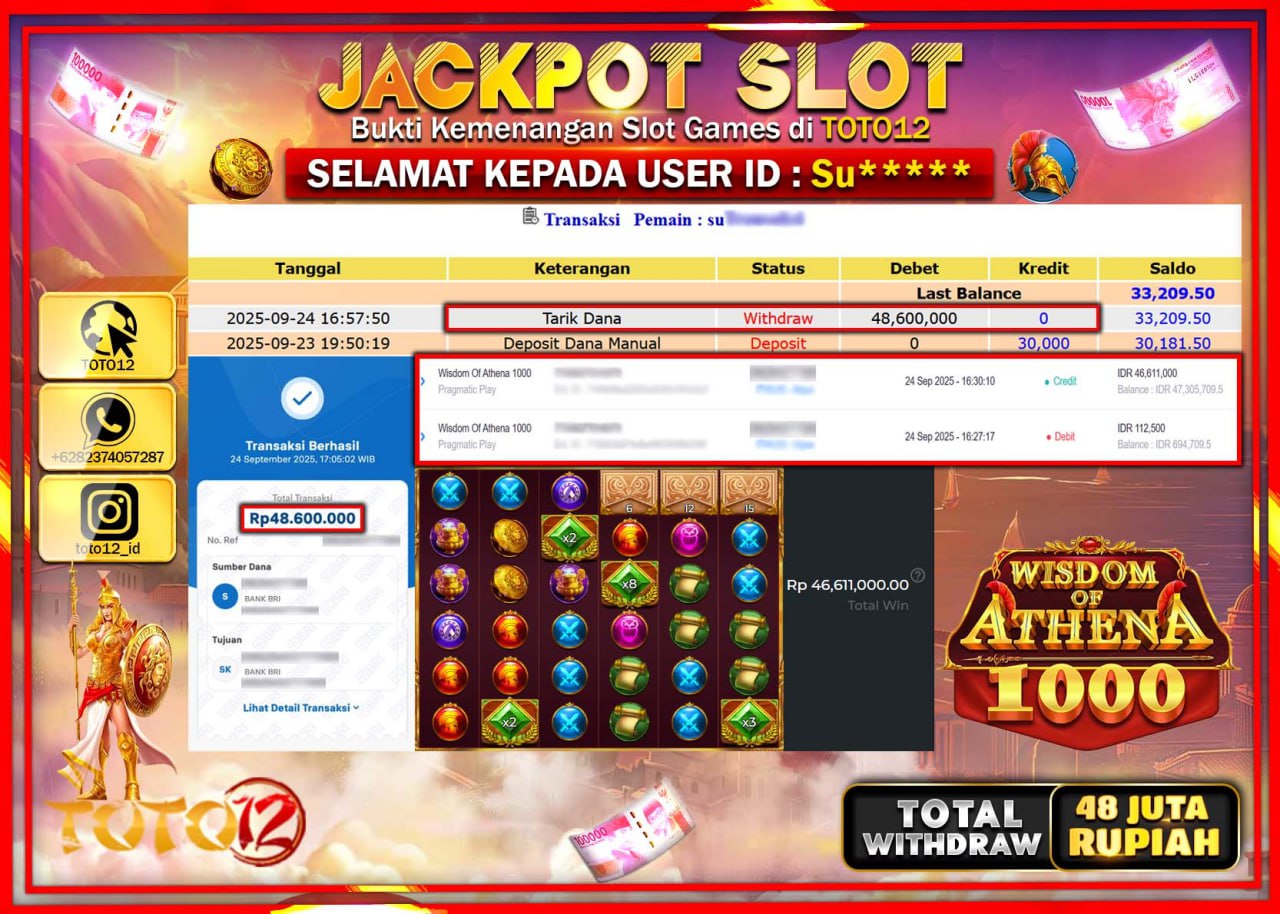 HANYA DI TOTO12 JP PASTI DI BAYAR LUNAS DAN CEPAT!!!!!! JACKPOT SLOT GAME (WISDOM OF ATHENA 1000) Rp.48.600.000 !!!!