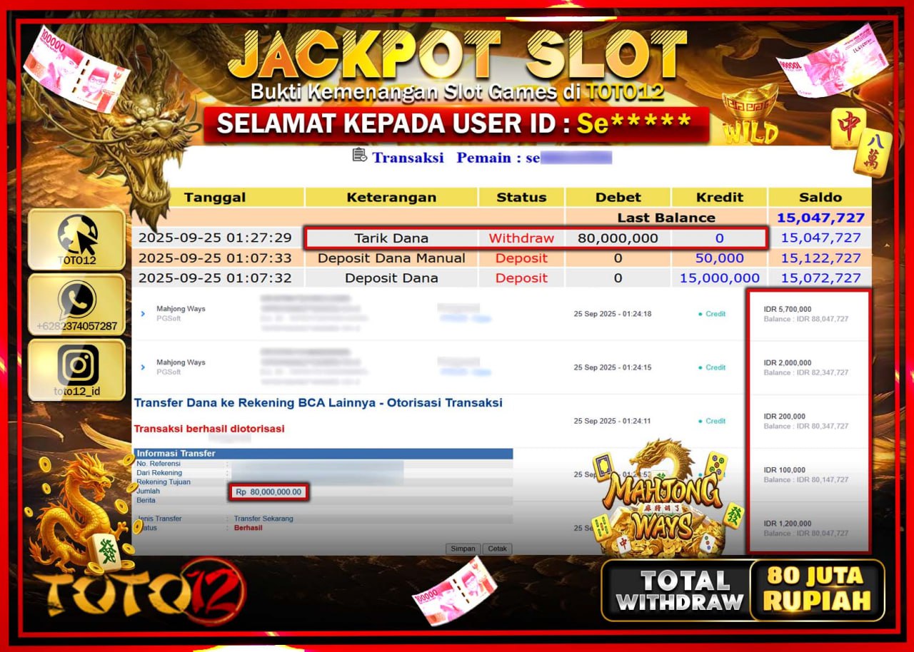 HANYA DI TOTO12 JP PASTI DI BAYAR LUNAS DAN CEPAT!!!!!! JACKPOT SLOT GAME (MAHJONG WAYS) Rp.80.000.000 !!!!