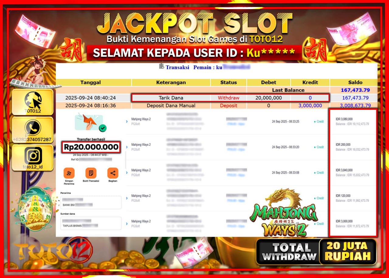 HANYA DI TOTO12 JP PASTI DI BAYAR LUNAS DAN CEPAT!!!!!! JACKPOT SLOT GAME (MAHJONG WAYS 2) Rp.20.000.000 !!!!
