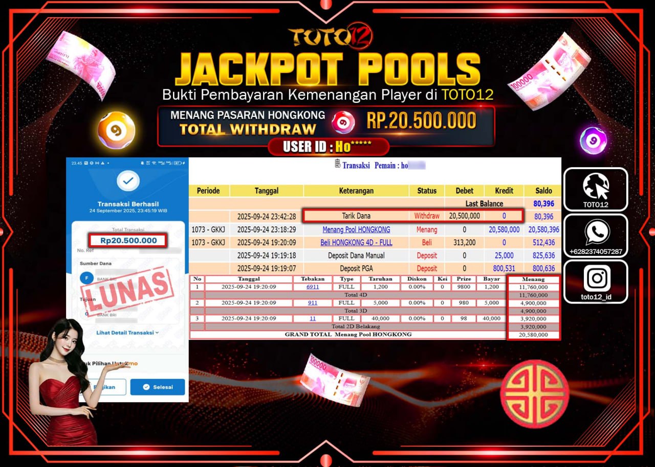 HANYA DI TOTO12 JP PASTI DI BAYAR LUNAS DAN CEPAT!!!!!! JACKPOT POOLS PASARAN (HONGKONG) Rp.20.500.000 !!!!