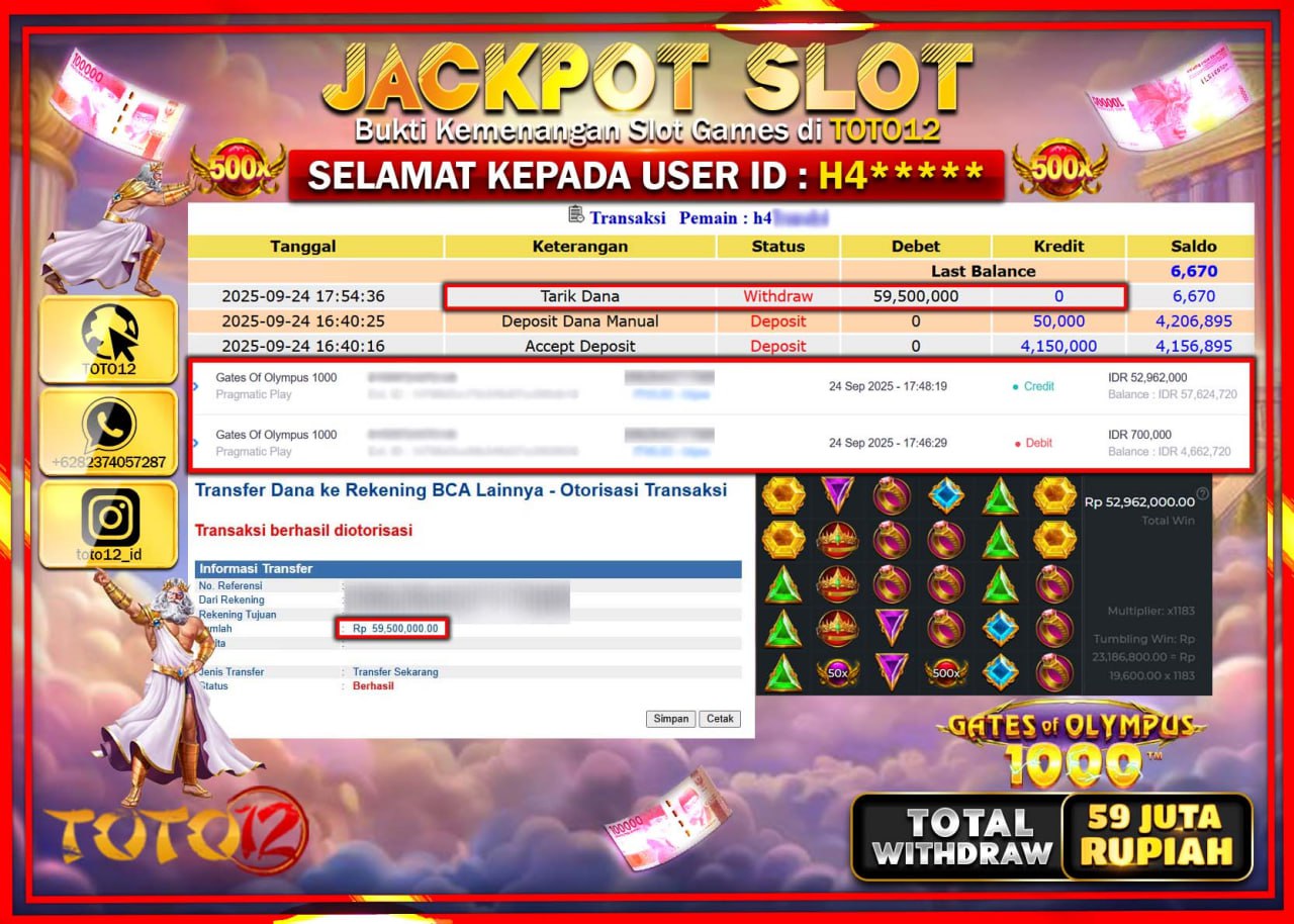 HANYA DI TOTO12 JP PASTI DI BAYAR LUNAS DAN CEPAT!!!!!! JACKPOT SLOT GAME (GATES OF OLYMPUS 1000) Rp.59.500.000 !!!!