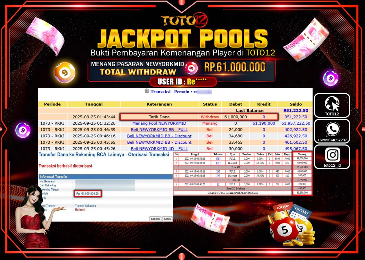 HANYA DI TOTO12 JP PASTI DI BAYAR LUNAS DAN CEPAT!!!!!! JACKPOT POOLS PASARAN (NEWYORK MID) Rp.61.000.000 !!!!