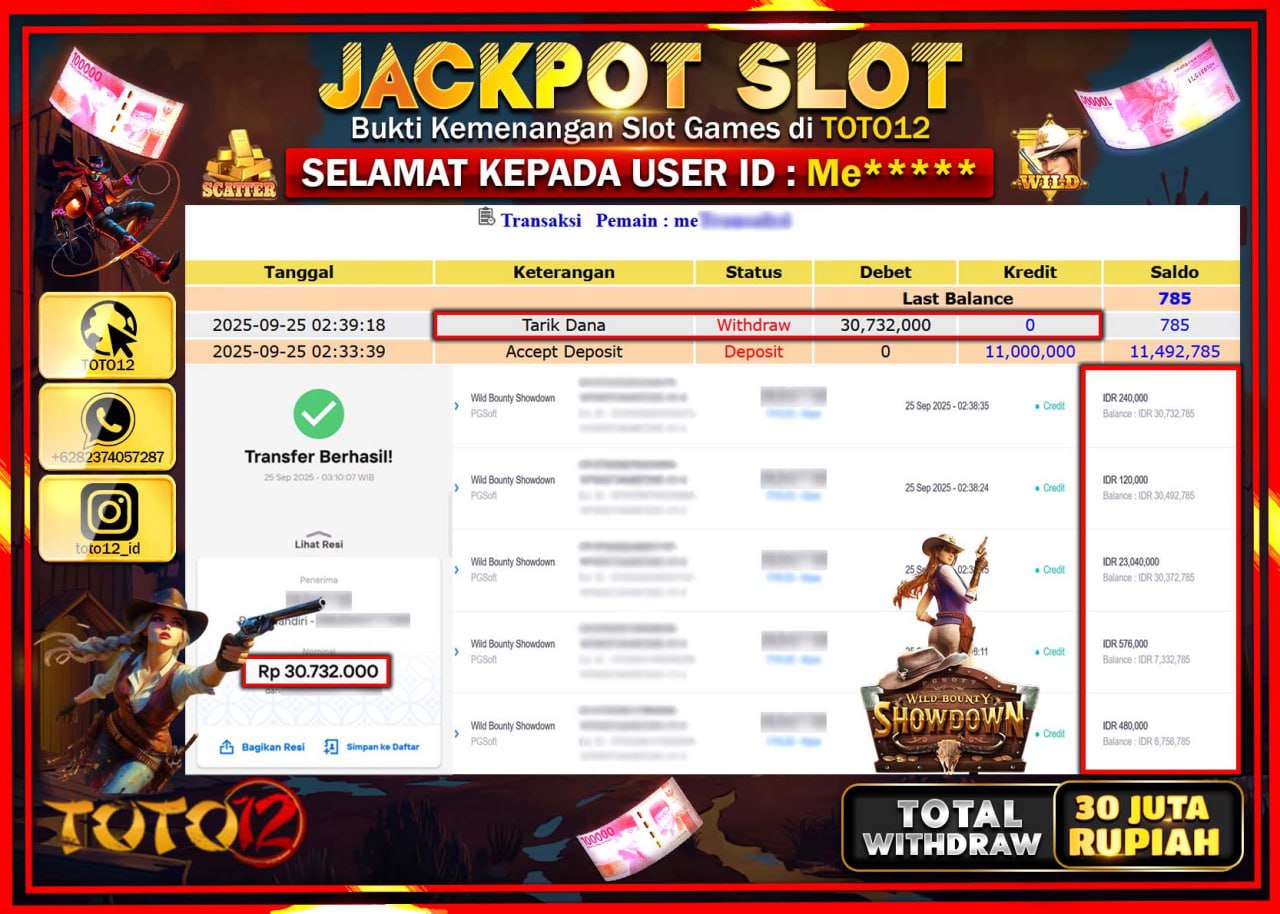 HANYA DI TOTO12 JP PASTI DI BAYAR LUNAS DAN CEPAT!!!!!! JACKPOT SLOT GAME (WILD BOUNTY SHOWDOWN) Rp.30.732.000 !!!!